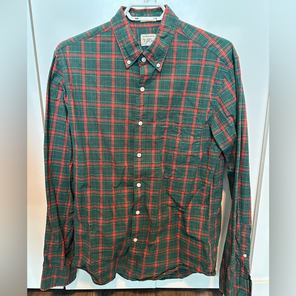 J crew slim red and green button down OCBD